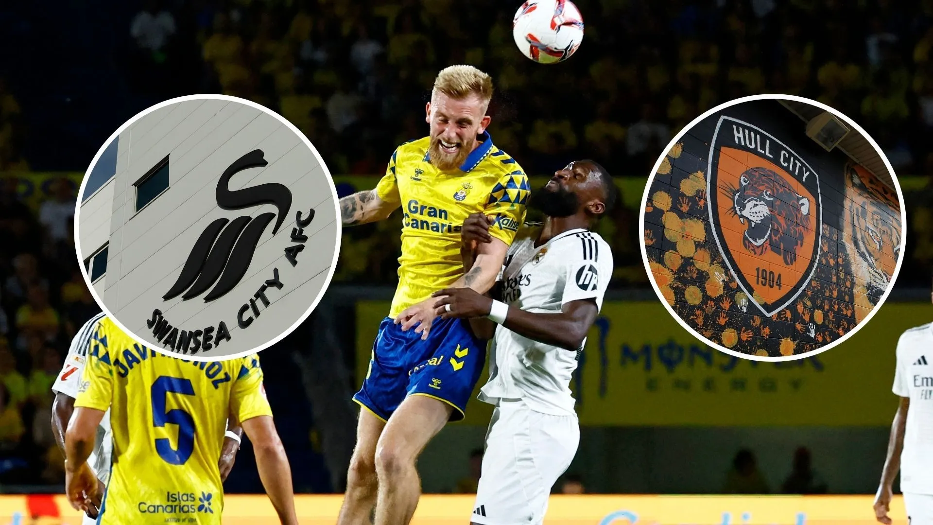 Hình ảnh tượng trưng về Oli McBurnie cùng logo Las Palmas, Swansea và Hull City