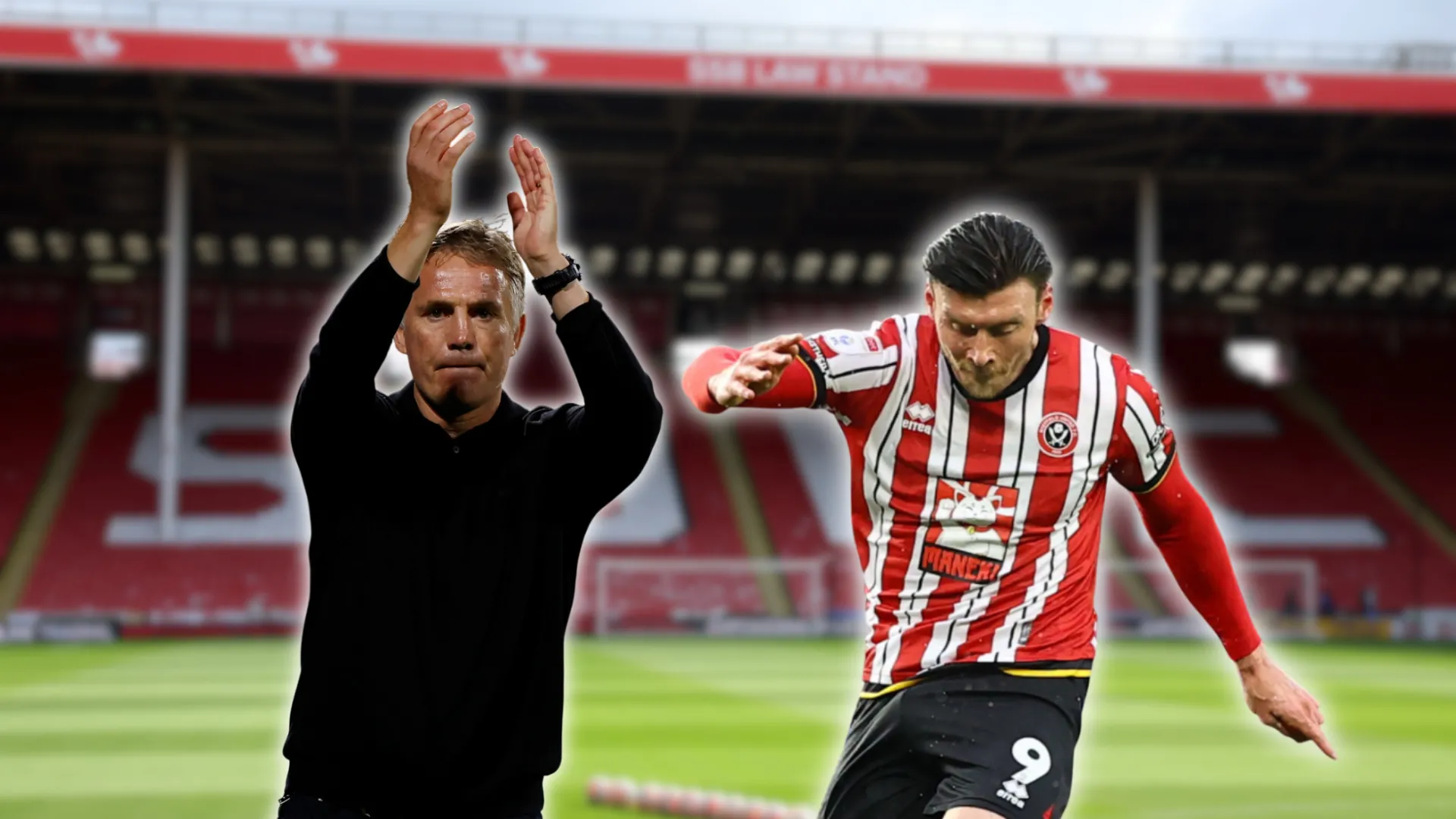 Huấn luyện viên Phil Parkinson của Wrexham (trái) và tiền đạo Kieffer Moore (phải) tại sân Bramall Lane